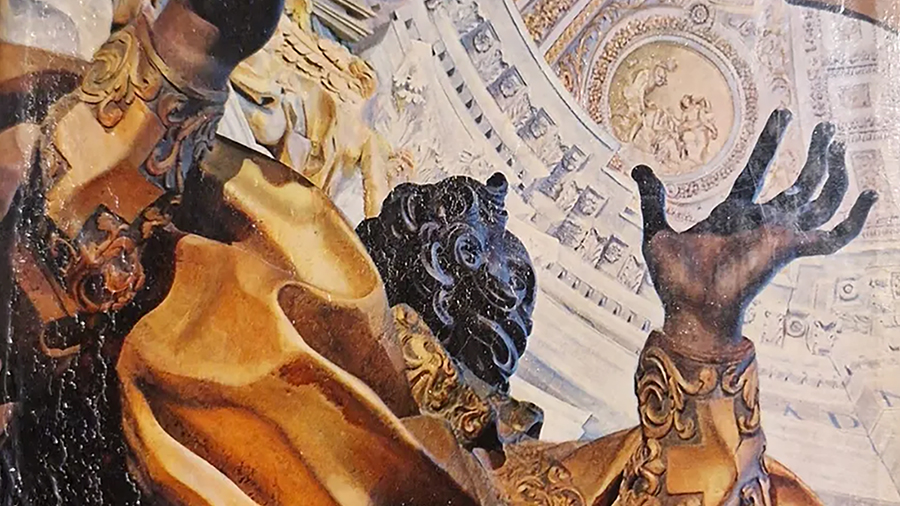 Detail of a book cover looking up at a human figure statue under a baroque church dome