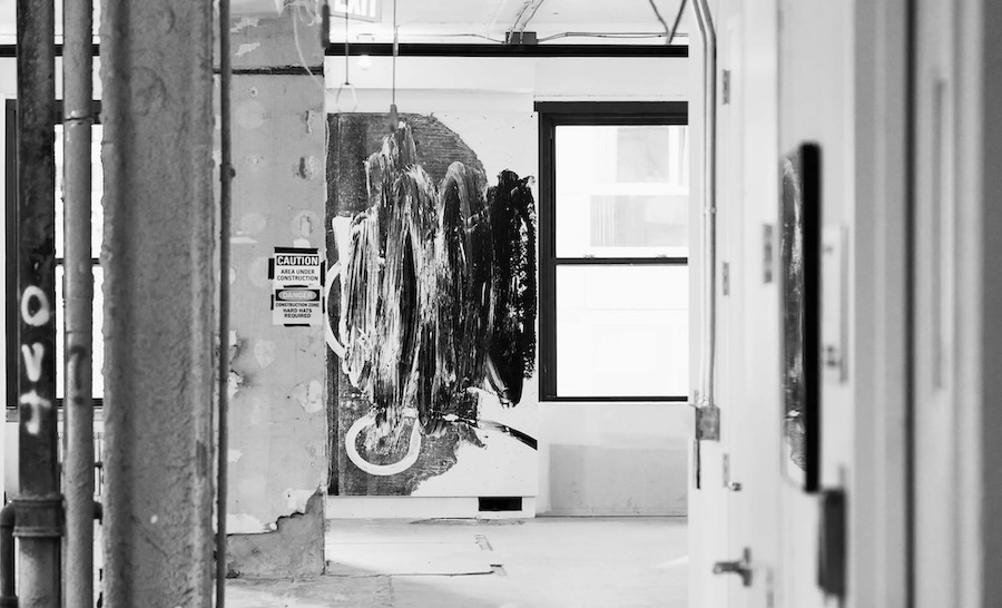 A black and white photo of an art installation