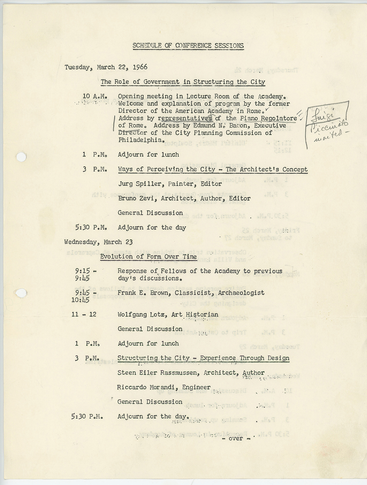 Scanned image of a typeset page with information about conference times, days, and speakers