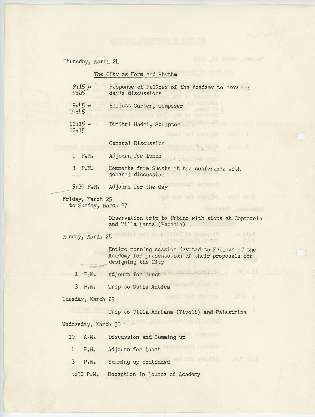 Scanned image of a typeset page with information about conference times, days, and speakers