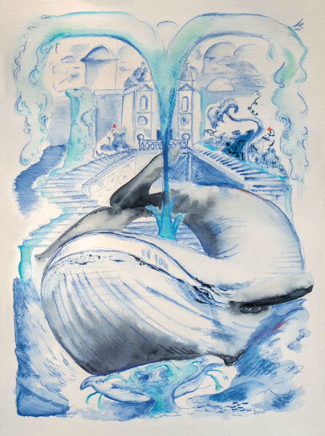 mostly blue monochromatic watercolor of the spanish steps and a big blue whale