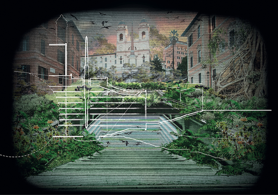 color video still of the spanish steps in rome overlaid with white lines and foliage