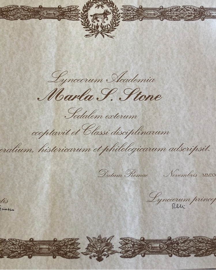A certificate from the Accademia dei Lincei showing Marla Stone's election as member
