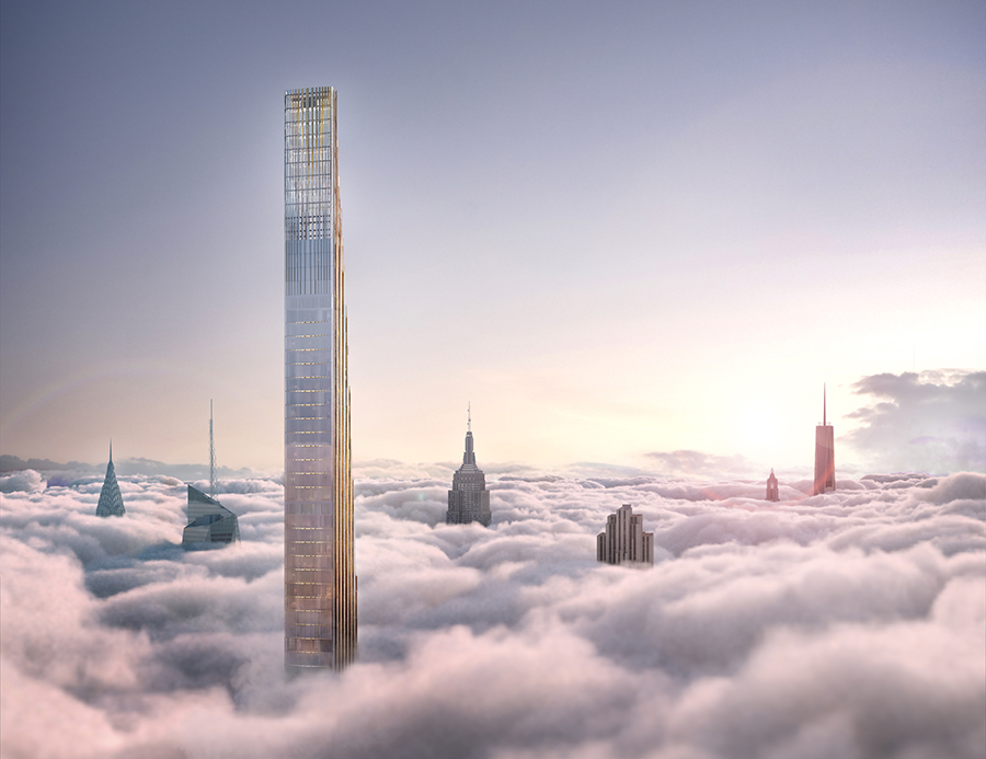 Digital rendering of a residential skyscraper in New York shown above the clouds; in the distance are other notable New York skyscrapers such as the Chrysler and Empire State Building