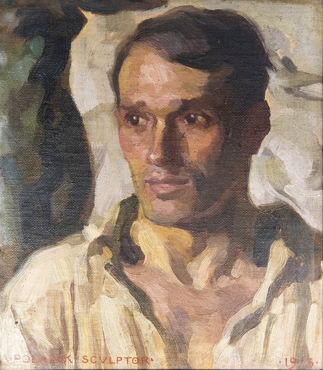 Realistic portrait painting of the head and shoulders of a light skinned man wearing a white open collar shirt and staring into the distance; behind him is a fragment of a figurative marble sculpture
