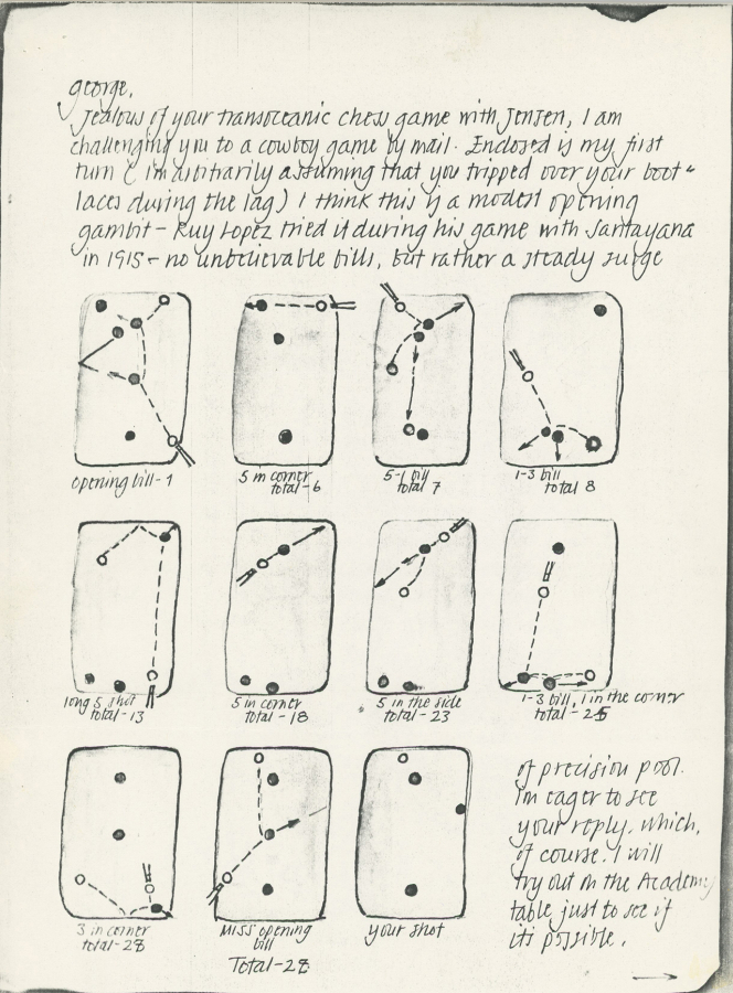 Handdrawn charts of possible scoring positions for the billiard game cowboy, with handwritten commentary in cursive script