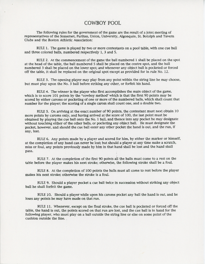 Scan of a piece of paper on which the rules of a billiard game are printed, coming from a word processed document