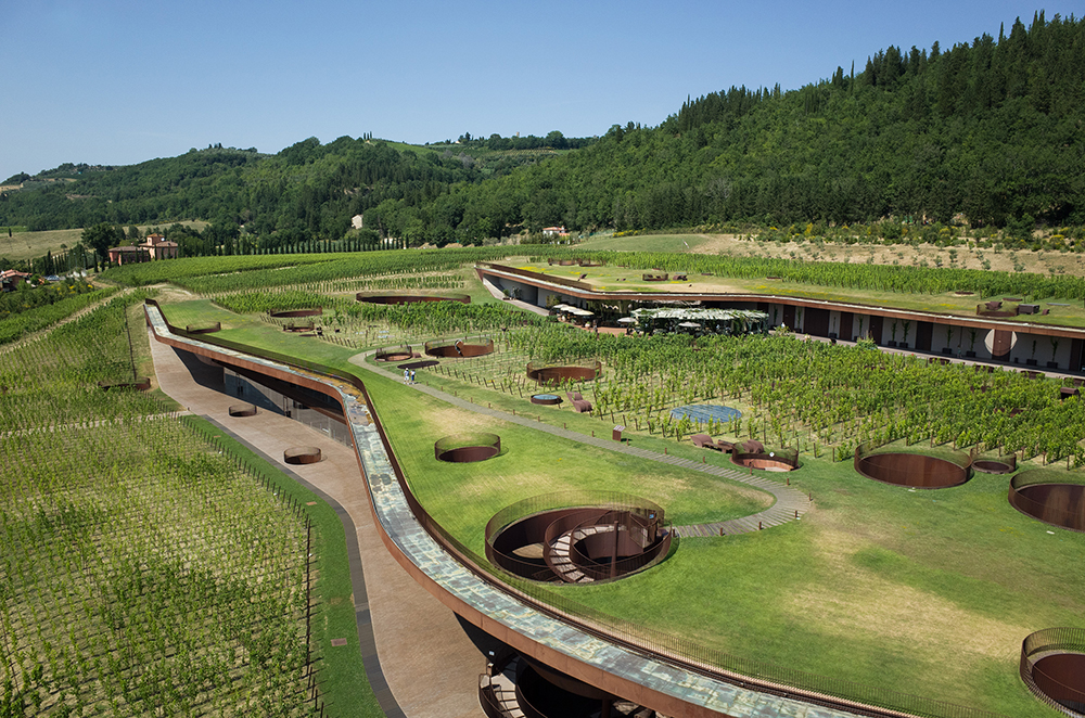 Color photograph showing an aerial view of the grounds of the Antinori nel Chianti Classico Winery