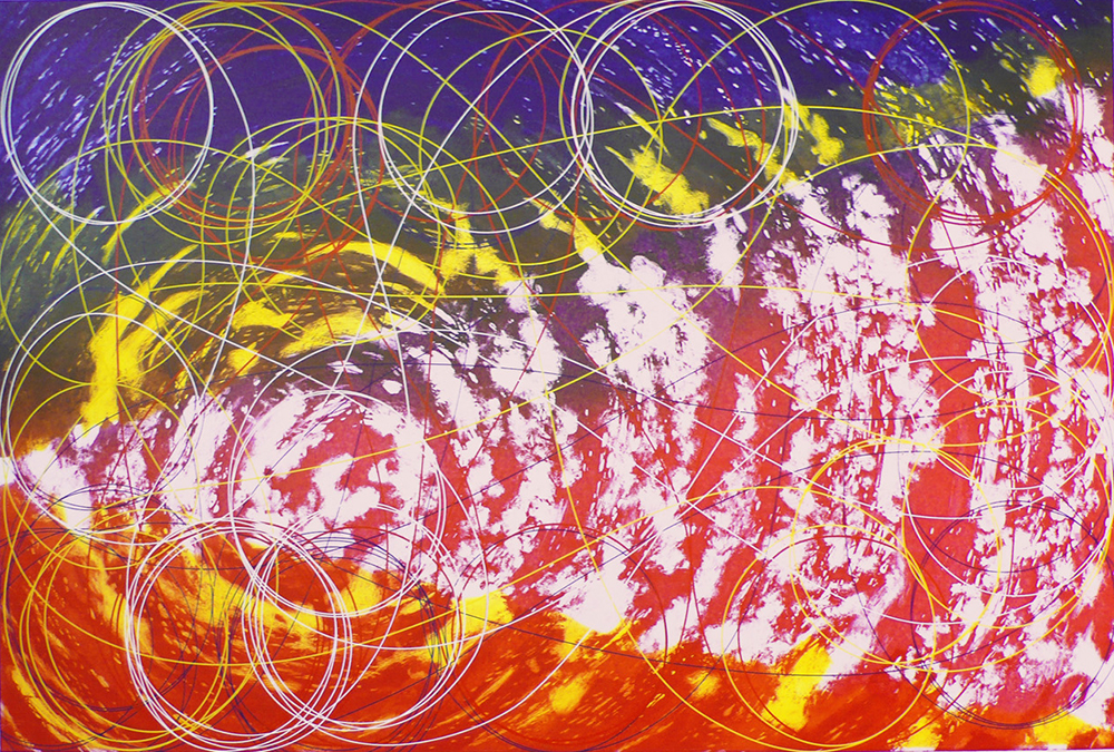 Reproduction of an abstract Dorothea Rockburne print in red, blue, yellow, and white, with numerous circle shapes and curved lines against a circular cloud-like background
