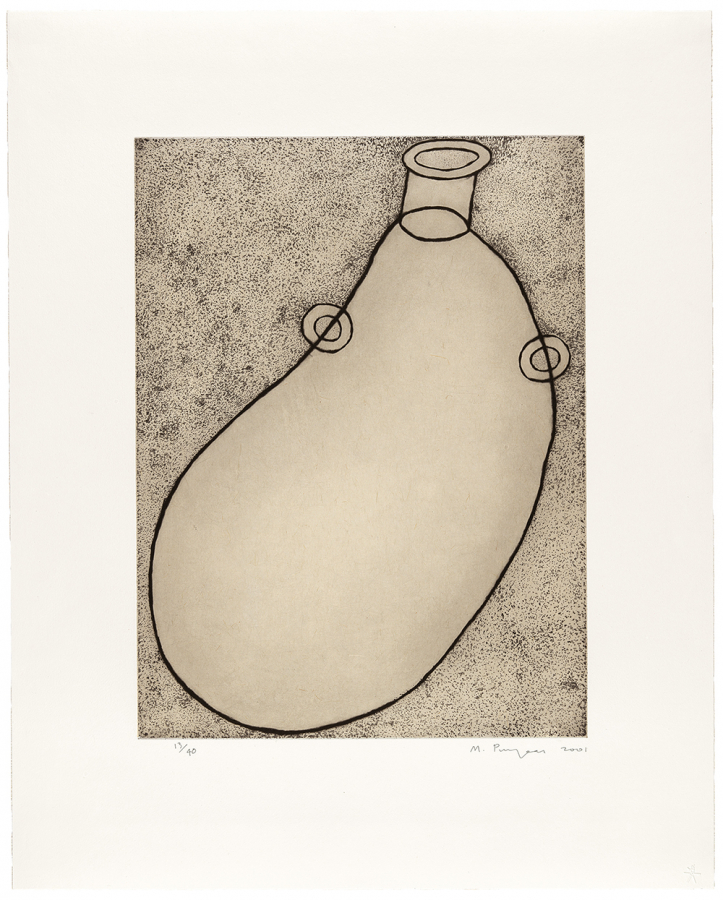 Reproduction of a Martin Puryear print depicting the schematic outline of a flexible jug