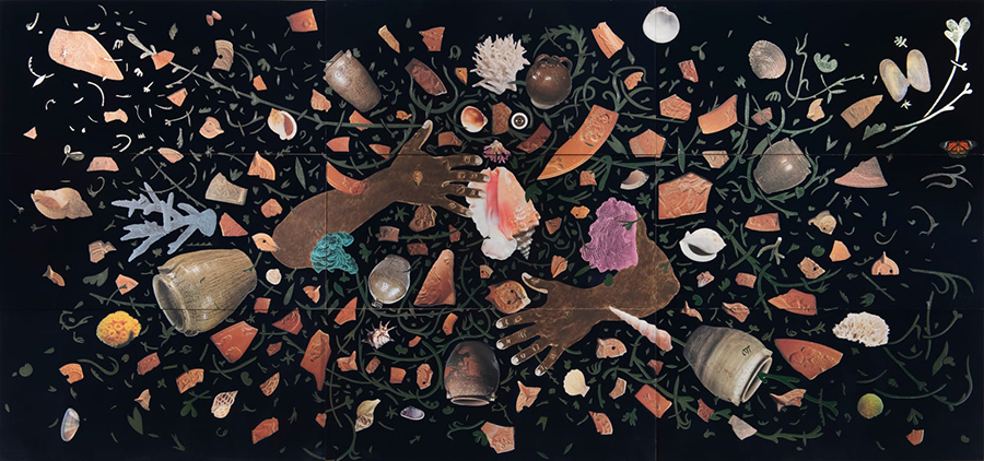 Reproduction of a collage with cut out images of shells, sponges, shards of pottery, and two dark skinned human forearms and hands