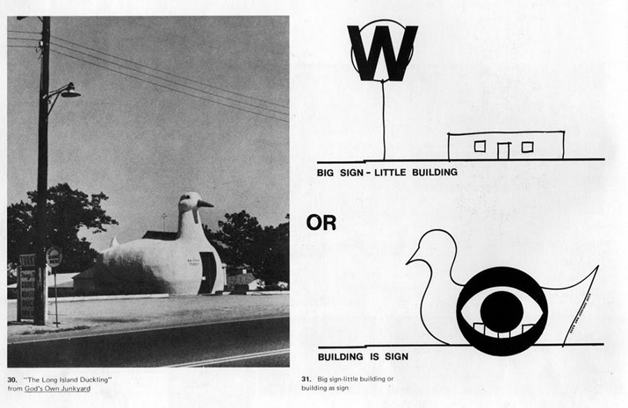 Scan of a double page spread from Learning from Las Vegas: on the left is a building shaped like a duck; on the right are drawings of two buildings, one of which is the duck building depicted on the left but with a CBS television logo superimposed on it