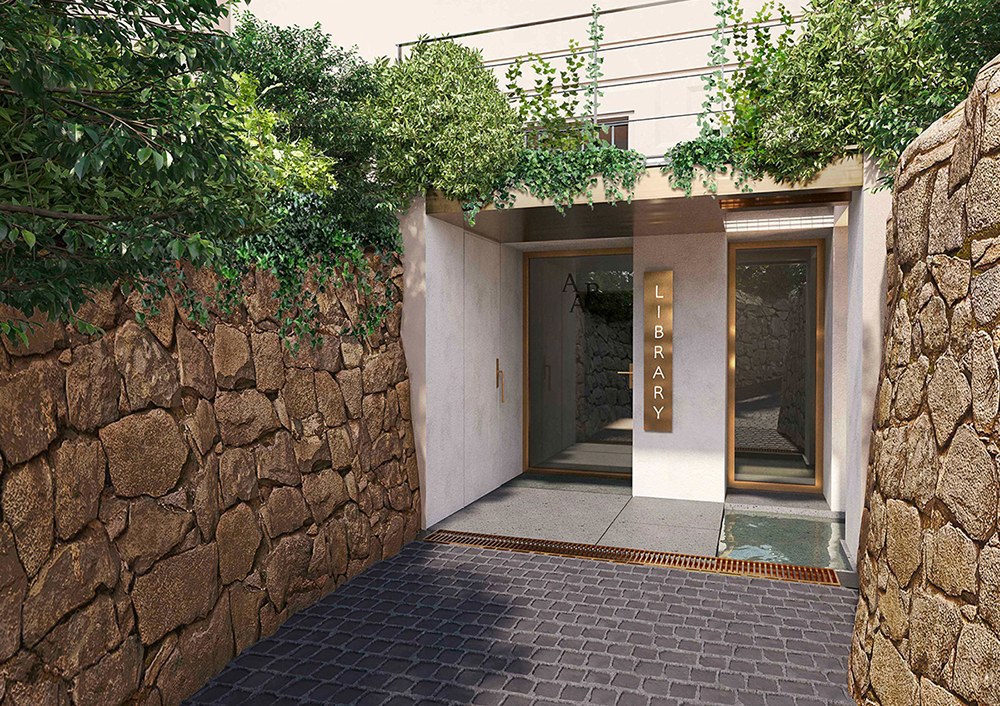 Architectural rendering of the entrance to a library, with stone walls and shrubs on either side of a stone pathway leading to glass doors of a building