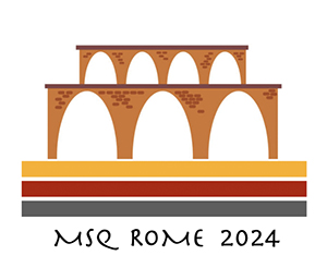 Graphic design image featuring a schematic Roman aquaduct and the letters MSQ ROME 2024