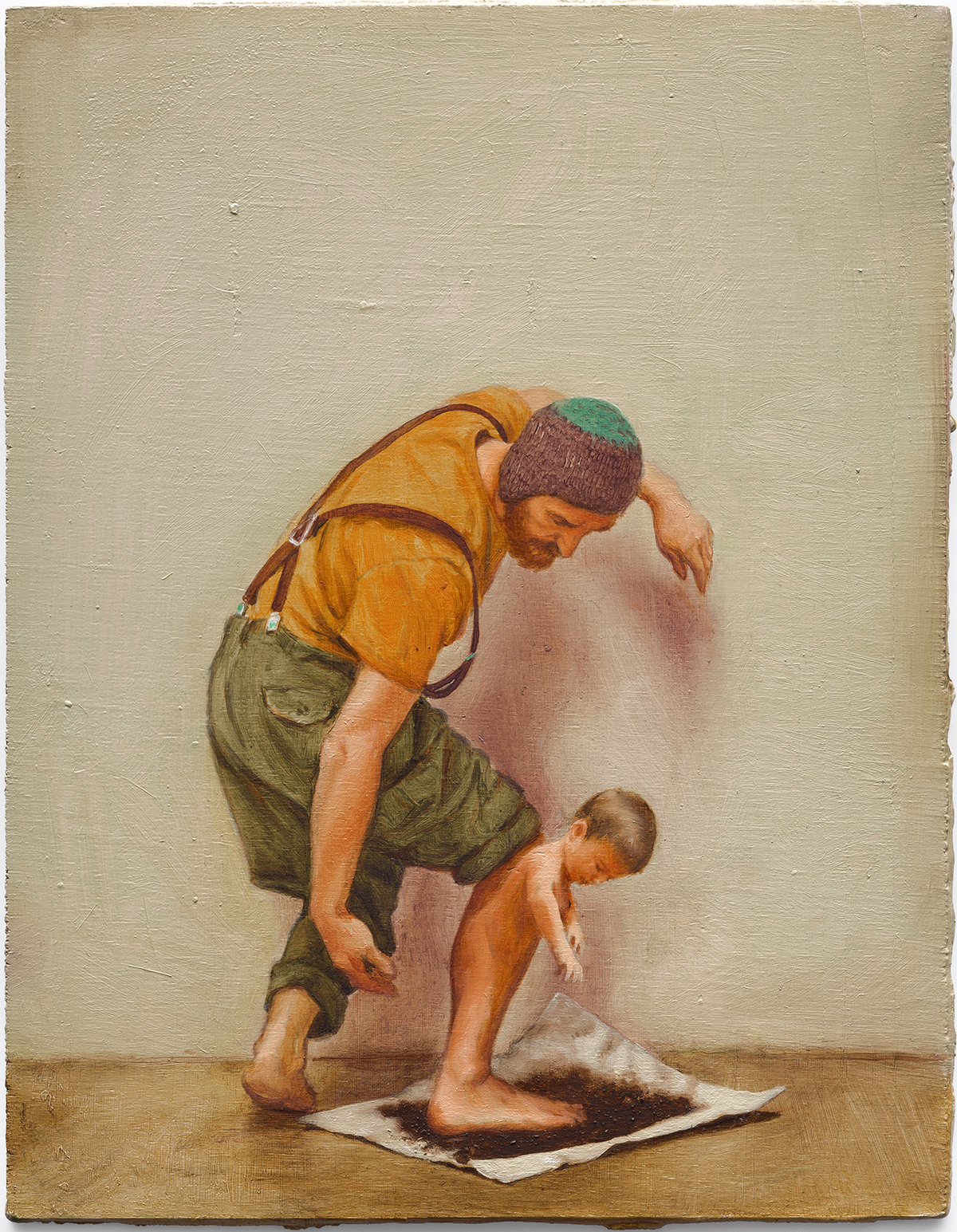 Realistic painting of an infant growing from a man's calf