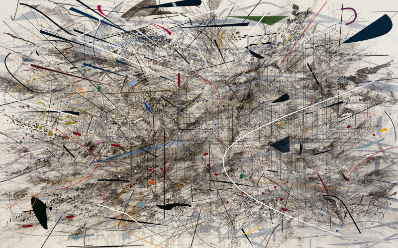 Color reprodution of a painting with stark abstract lines and shapes
