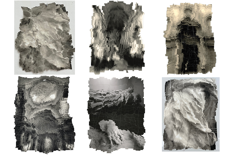 Color photograph showing six black and white photo collages of architectural interiors and exteriors
