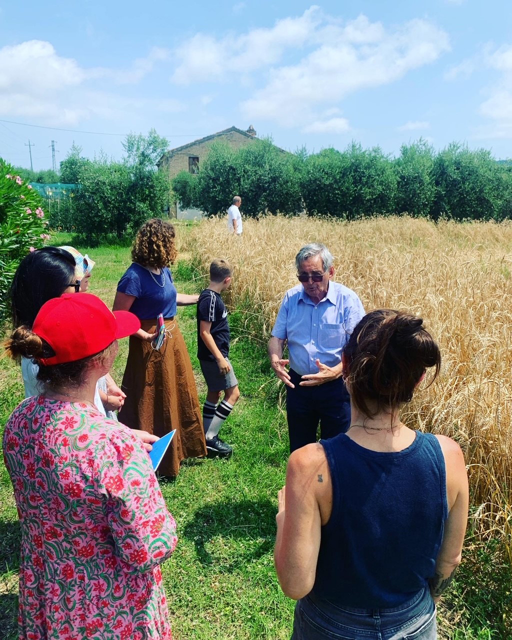 Color photo of a man speaking to six people about the wheat field behind him