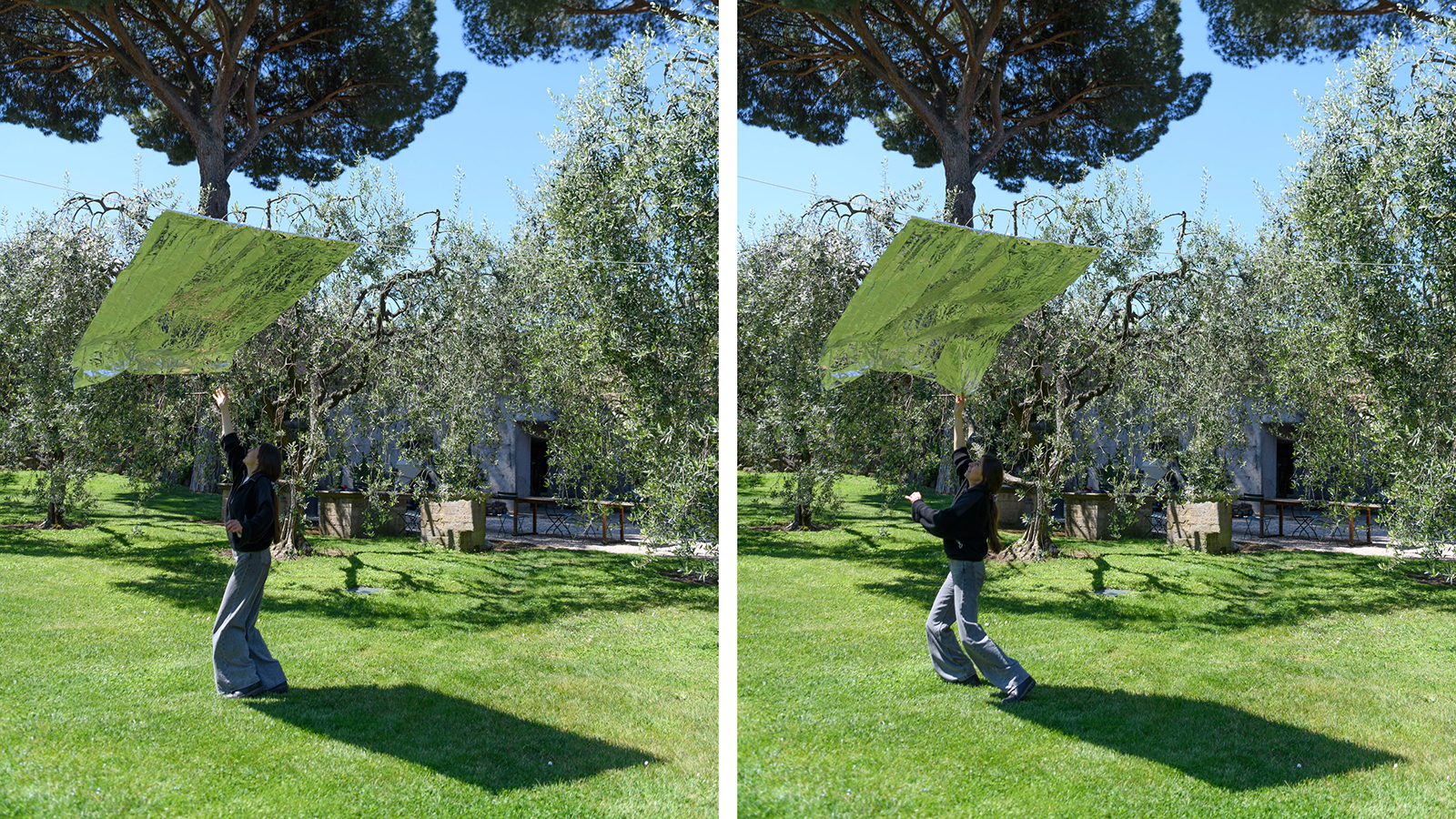 Side by side photos of the artist Francesca Berni hanging a fabric sculpture outdoors in the AAR gardens
