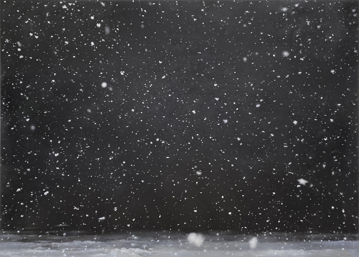 Color reproduction of a painting of white snow falling against a dark night sky