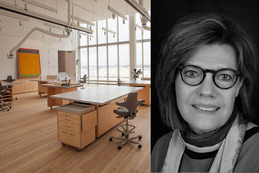 Split image: on the left is a color photograph of the Whitney Museum's conservation lab, with tables and a painting leaning against the wall; on the right is a black and white portrait of Carol Mancusi-Ungaro, a light skinned woman smiling at the camera