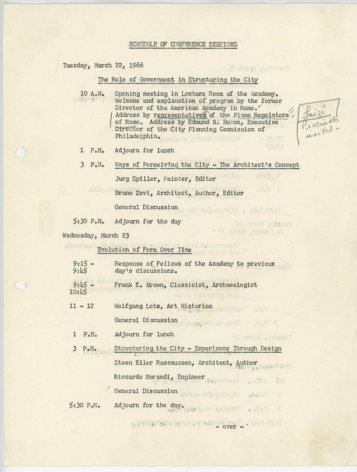 Scanned image of a typeset page with information about conference times, days, and speakers