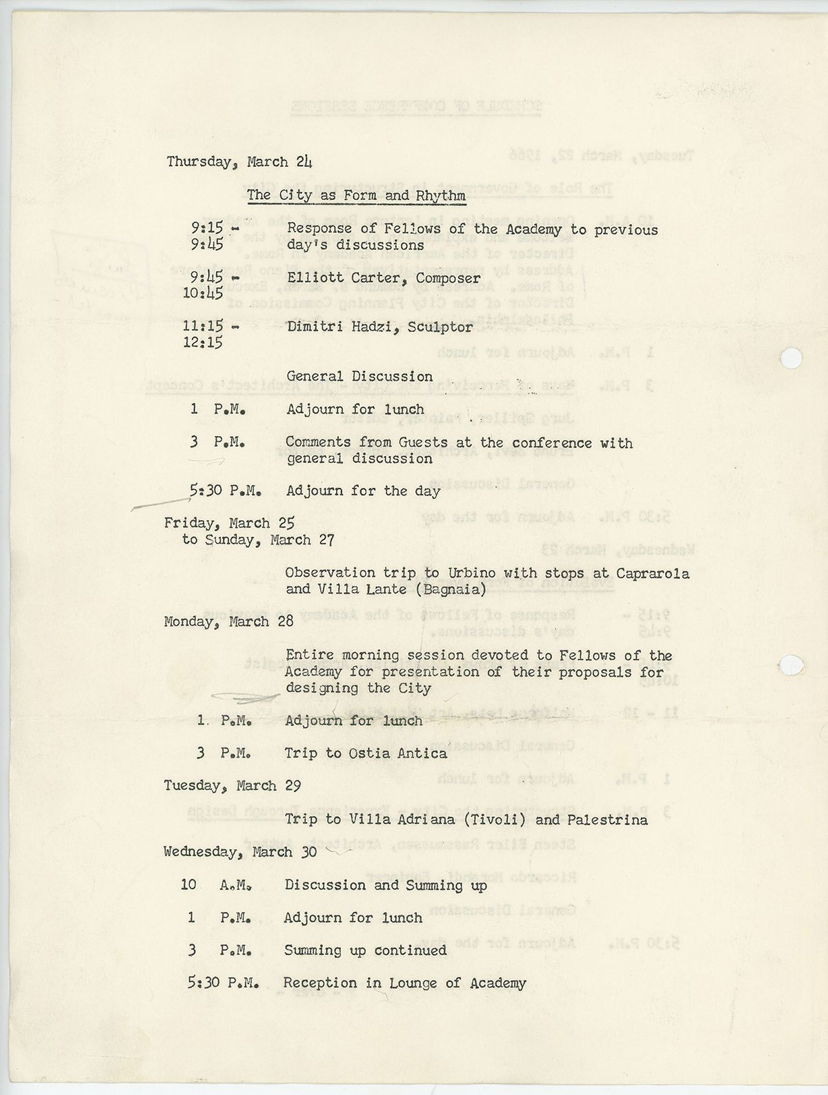 Scanned image of a typeset page with information about conference times, days, and speakers