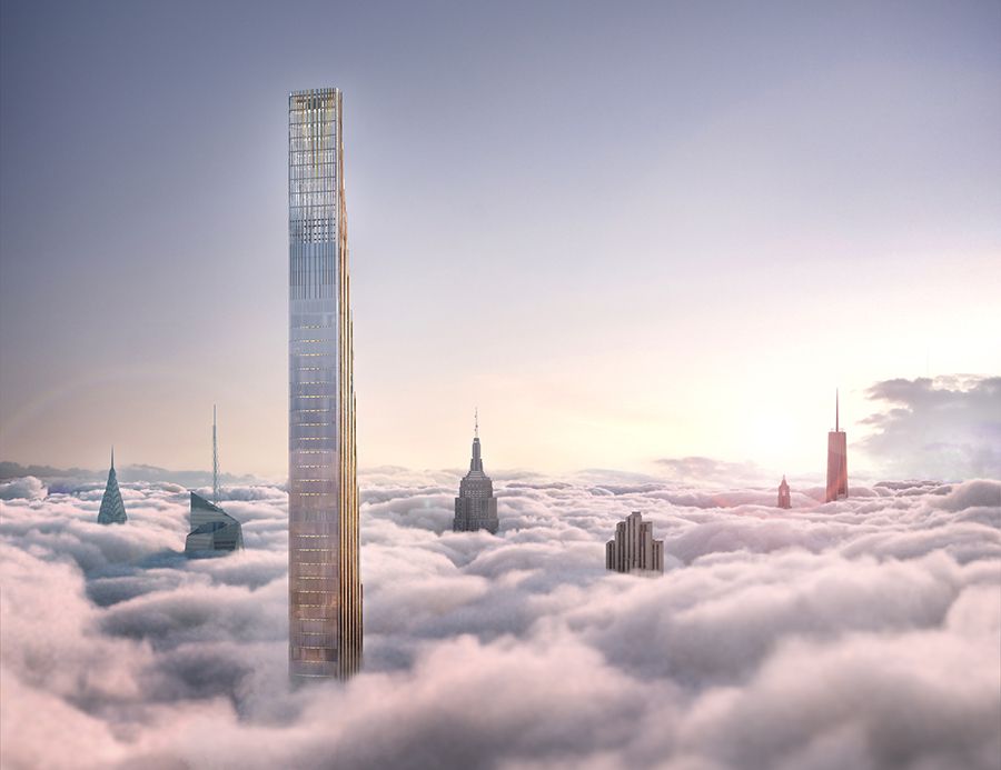 Digital rendering of a residential skyscraper in New York shown above the clouds; in the distance are other notable New York skyscrapers such as the Chrysler and Empire State Building