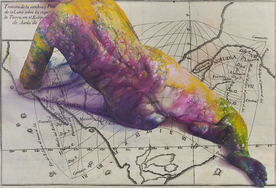 Color reproduction of a painting depicting the back of a nude human figure rendered in yellow and purple on top of a cartographic map of the world
