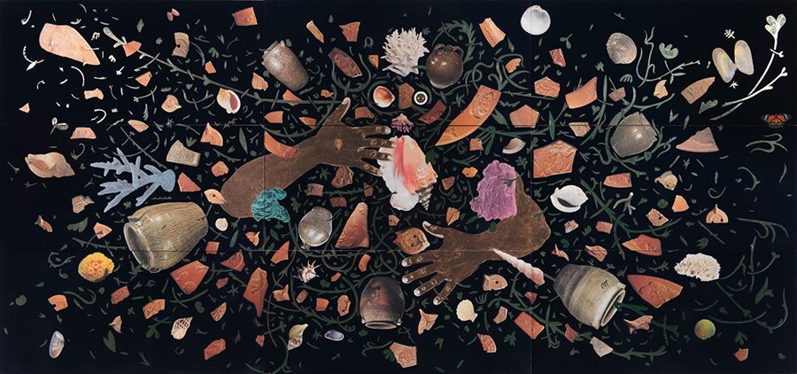 Reproduction of a collage with cut out images of shells, sponges, shards of pottery, and two dark skinned human forearms and hands