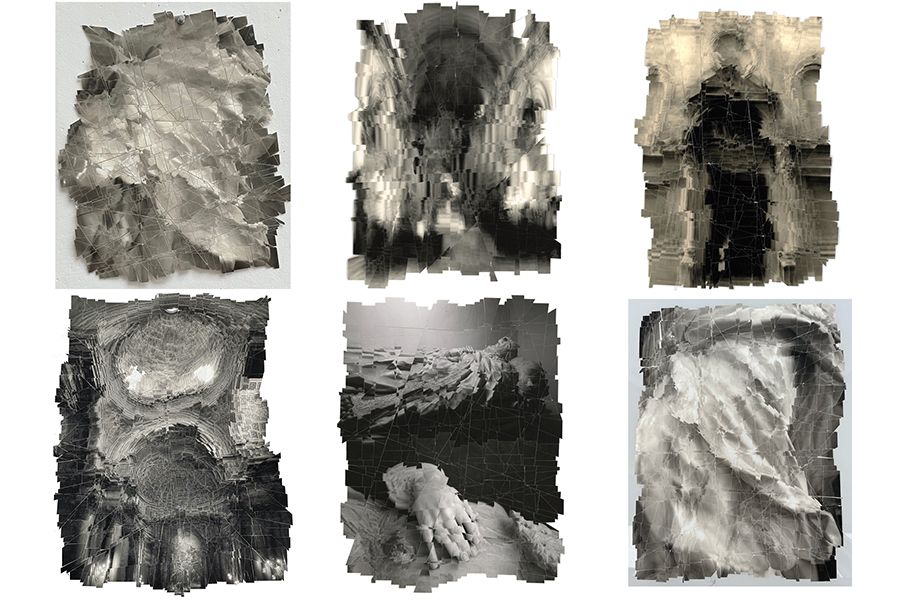 Color photograph showing six black and white photo collages of architectural interiors and exteriors