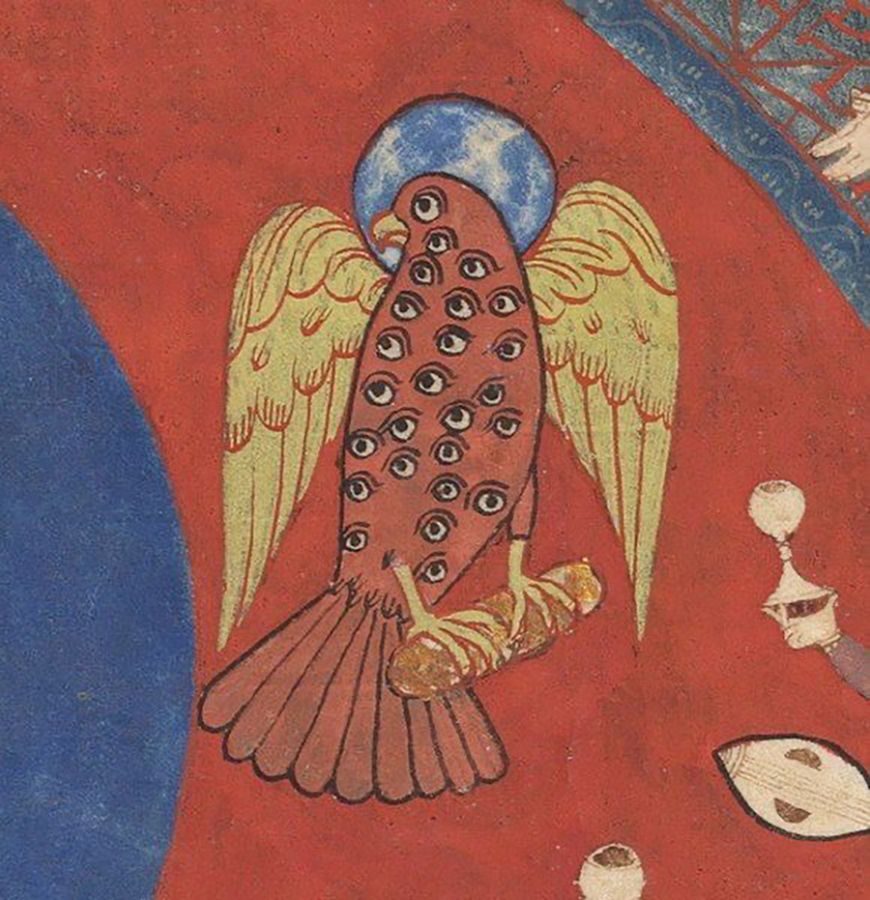 Color illustration of a bird who has numerous human eyes drawn onto its feathers