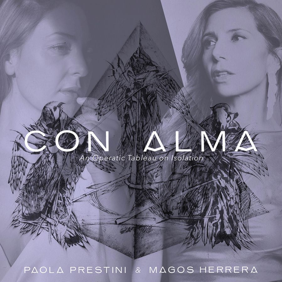 Graphic designed promotional poster for a concert: elements include portraits of two light skinned women, a drawing of three birds, and text about the concert and performers