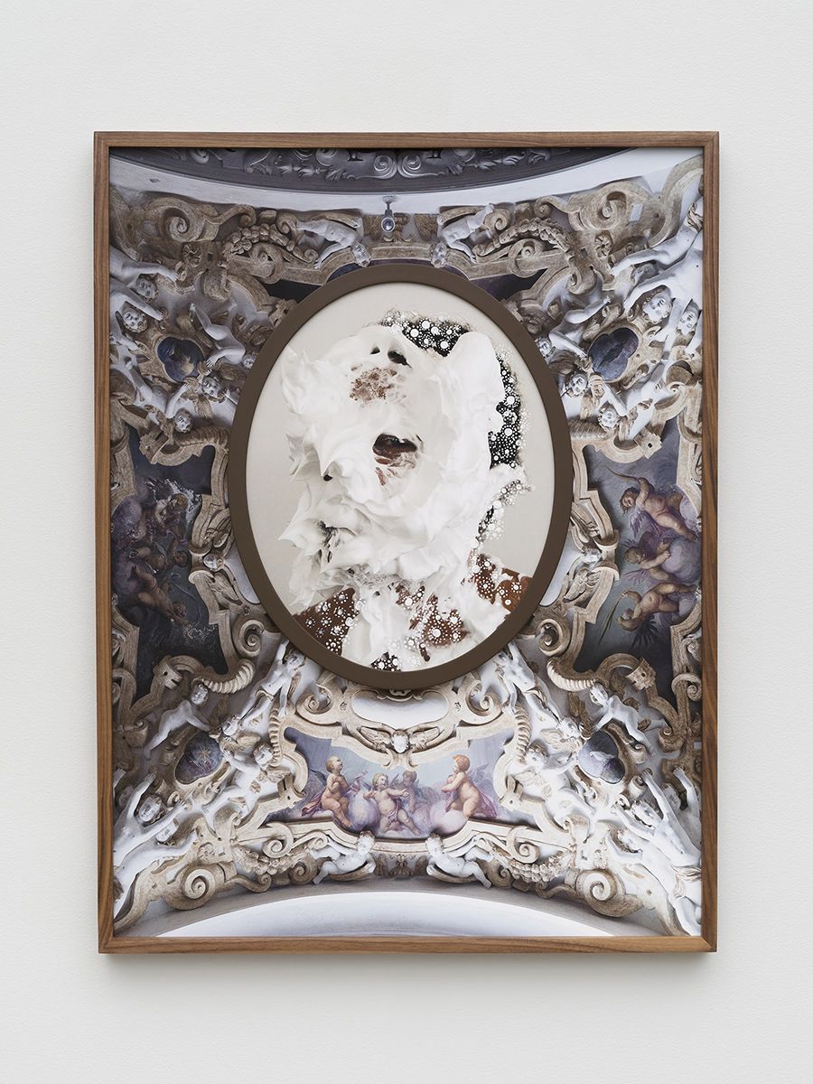 Color reproduction of photo based artwork with a man's head covered in shaving cream and a church ceiling painting