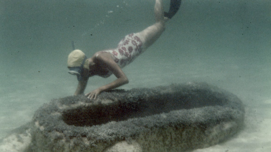 A woman diving underwater inspecting an object on the seabed