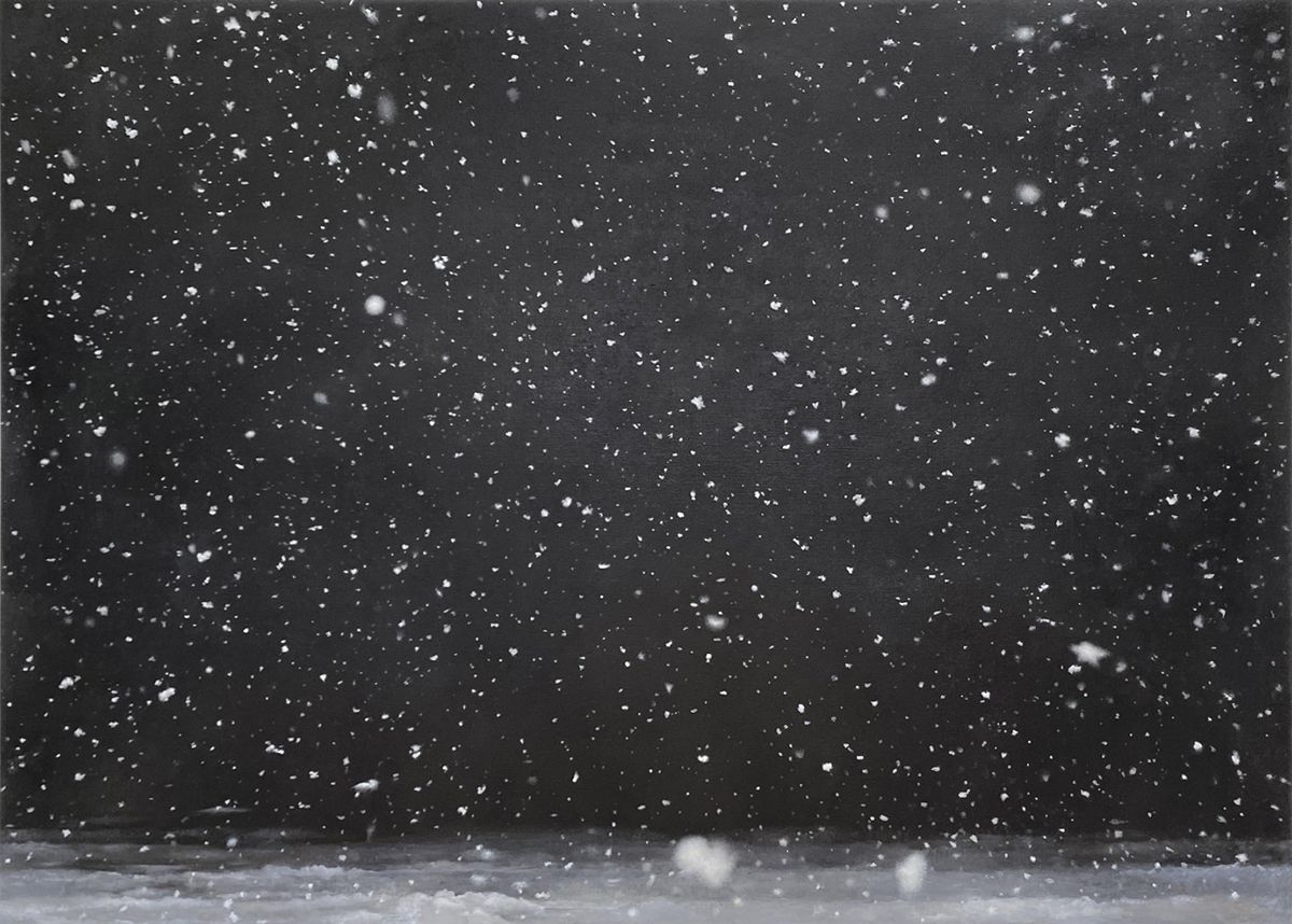 Color reproduction of a painting of white snow falling against a dark night sky