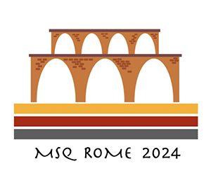 Graphic design image featuring a schematic Roman aquaduct and the letters MSQ ROME 2024