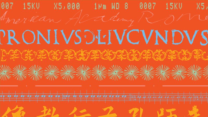 Graphic element promoting the Rome Prize competiton: against a bright orange field are horizontal, parallel strips of letters, numbers, and other symbols related to music, architecture, design, and other disciplines