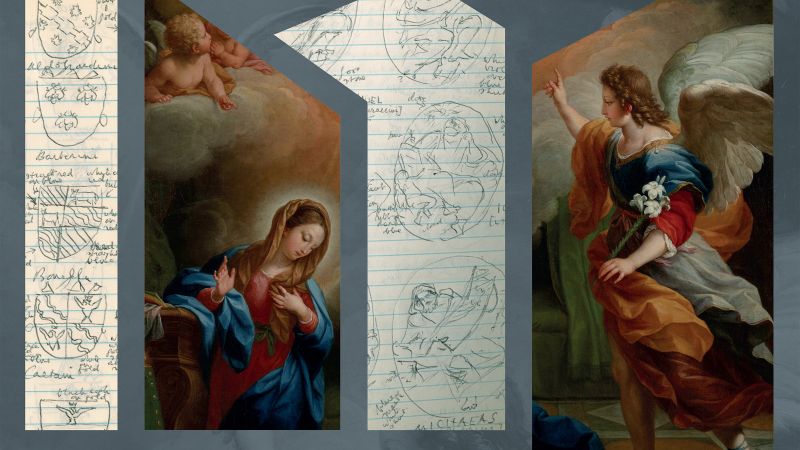 Graphic design image that collages drawings of figures in old master paintings with reproductions of late baroque paintings