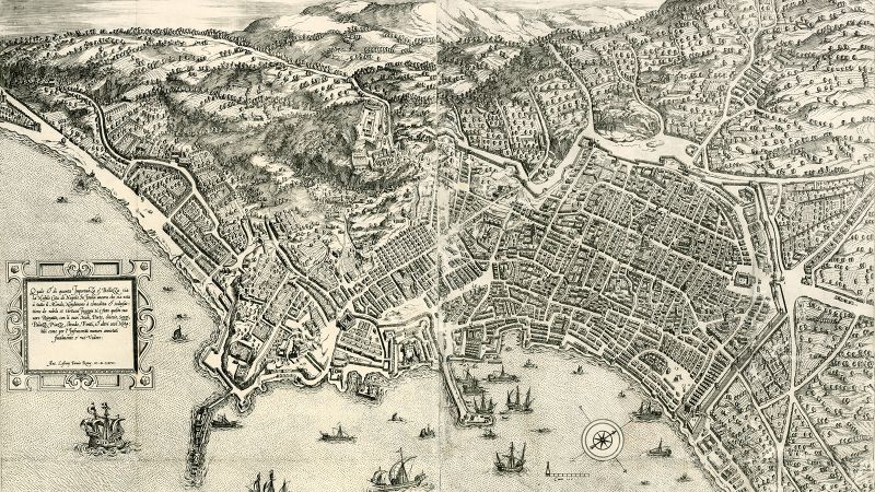 A hand-drawn engraved and printed map of Naples by Étienne Du Perac and Antoine Lafréry from 1566