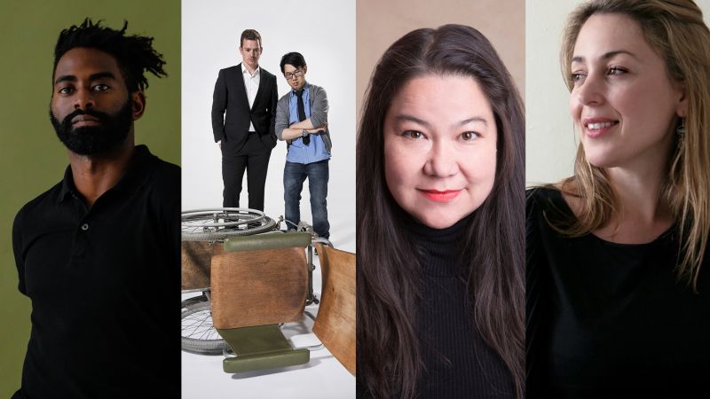 Four color photos in a horizontal row depicting five people, from left to right: a dark-skinned black man wearing all black staring straight on against a green backdrop; two men standing and looking down at a wheelchair lying on its side in front of them; headshot of woman with long brown hair and brown eyes, red lipstick, and a small smile, wearing black shirt; and headshot of woman with light brown hair and brown eyes in 3/4 profile, wearing a black top