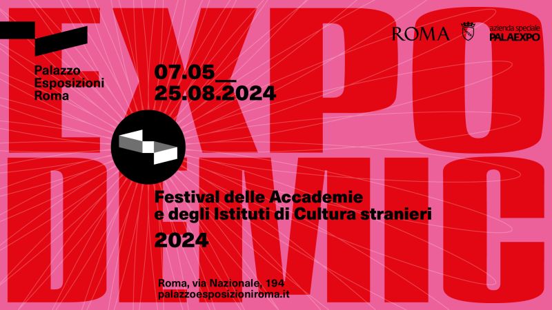 Graphic design digital flyer with an exhibition, with a lot of text about the title, location, etc., in pink, red, and black