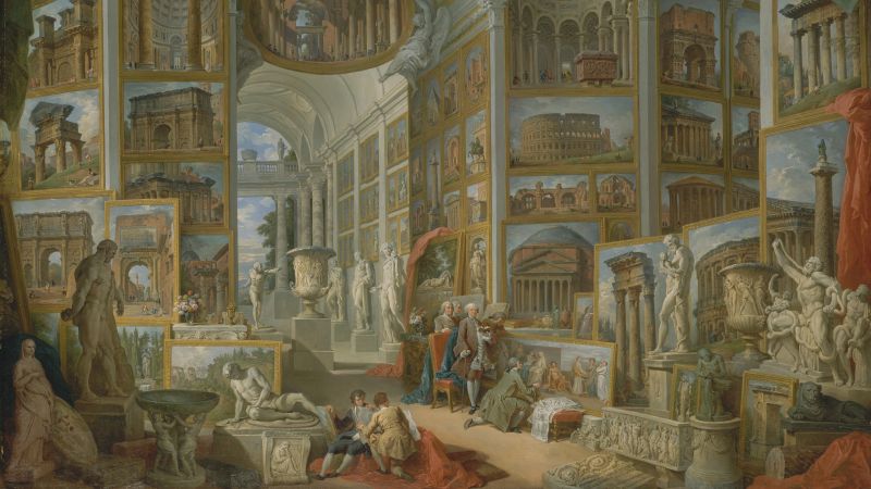 color reproduction of a 18th century painting depicting a large hall full of famous antique sculpture on the floor and paintings of Roman monuments and buildings hung salon style on the walls