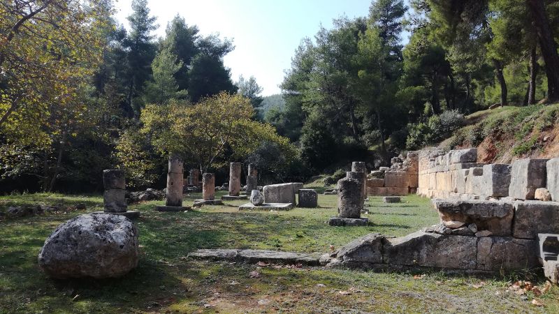 Color photograph of an outdoor scene with trees, bushes, and short Roman architectural ruins