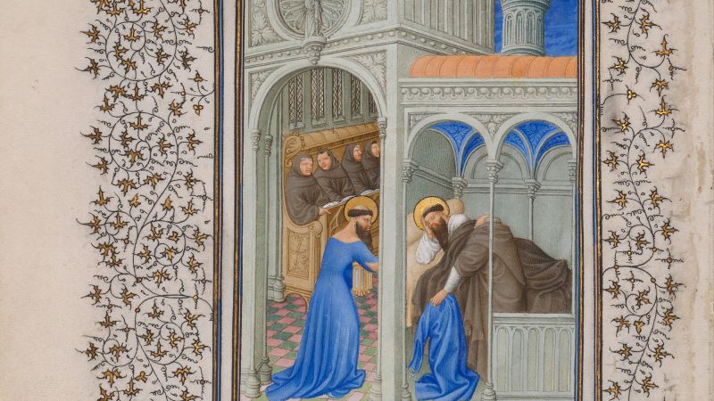 detail of an illustrated manuscript showing a man wearing a long blue dress and kneeling in front of his fellow monks