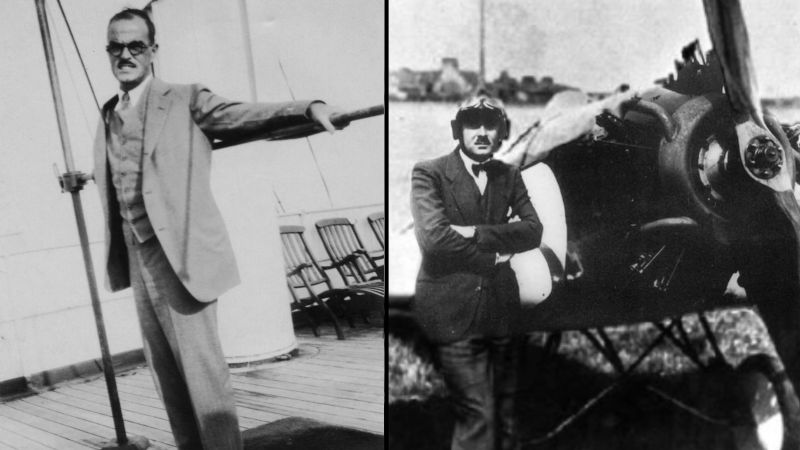 Black and white photos from the early 20th century of Thornton Wilder standing in a suit and Lauro de Bosis standing next to an airplane