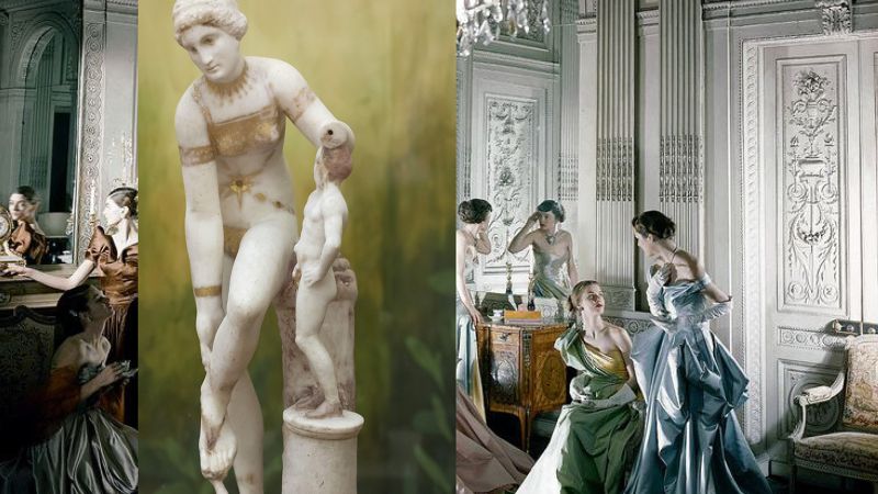 Composite image showing a color photograph of light skinned woman in ball gowns in an elegant room on the left and right, bisected by a color photo of a Greek or Roman statue of a young woman adjusting her sandal