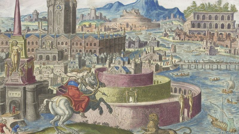 Color engraving of the hanging gardens of Semiramis at Babylon
