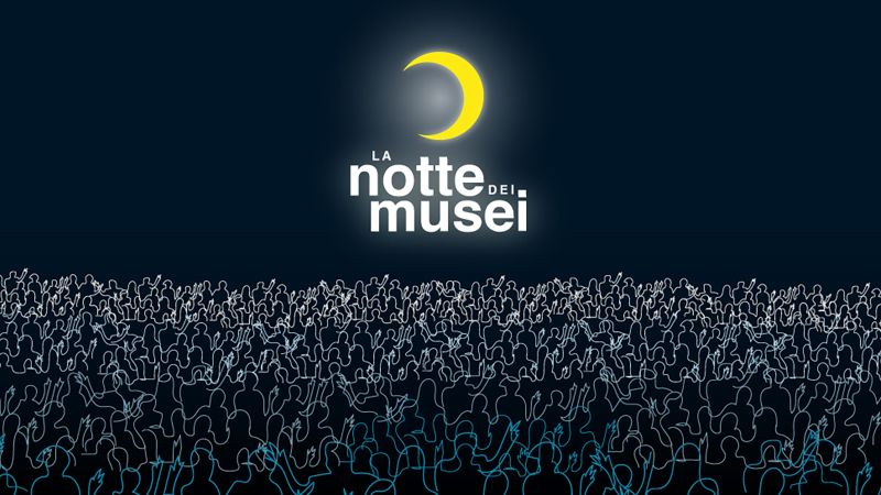 Graphically designed element featuring a crescent moon above a sea of people outlined with white lines, against a dark blue background