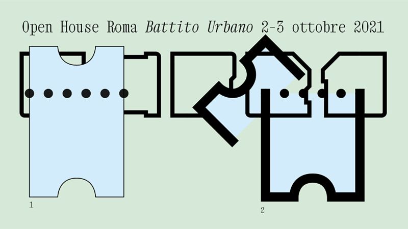 Graphic element promoting Open House Roma 2021, featuring stylized tickets and the words Battito Urbano 2-3 ottobre 2021